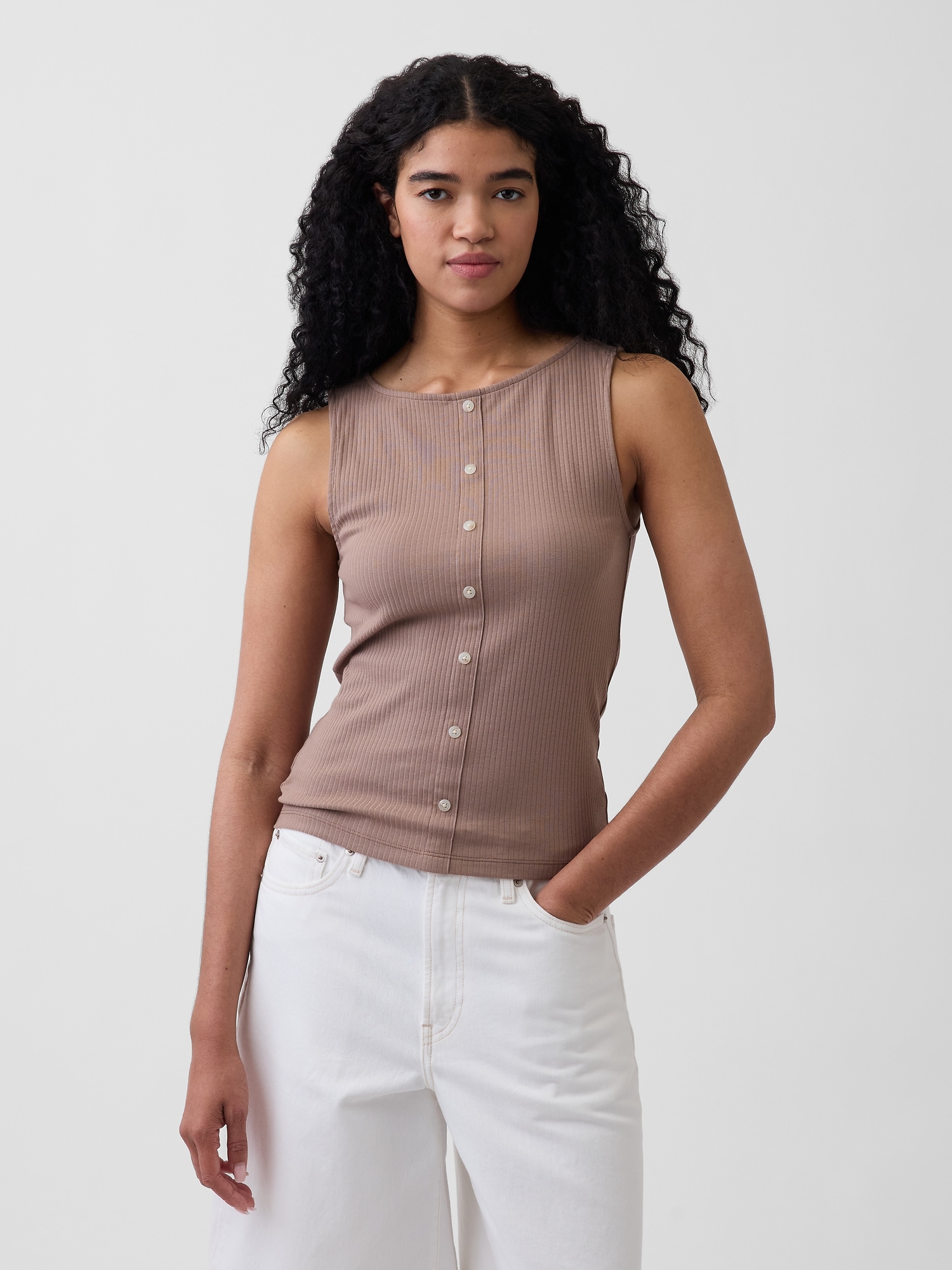 リブ ボタンアップ タンクトップ-0