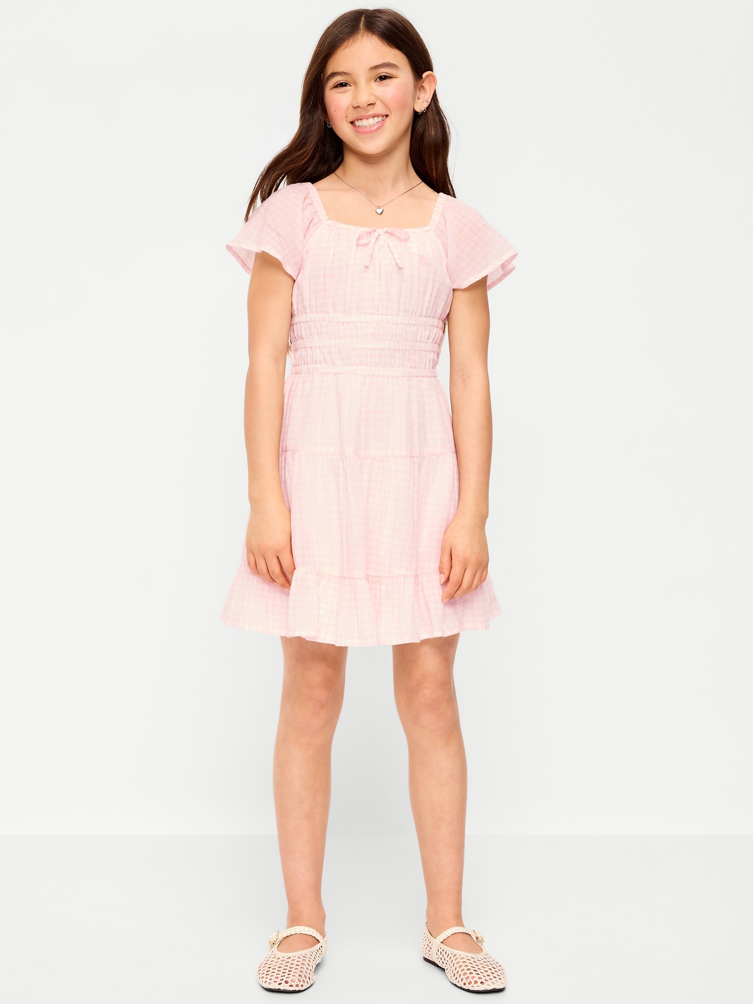 ROBE EN GAZE FROISSÉE AJUSTÉE ET ÉVASÉE À VOLANTS POUR FILLE