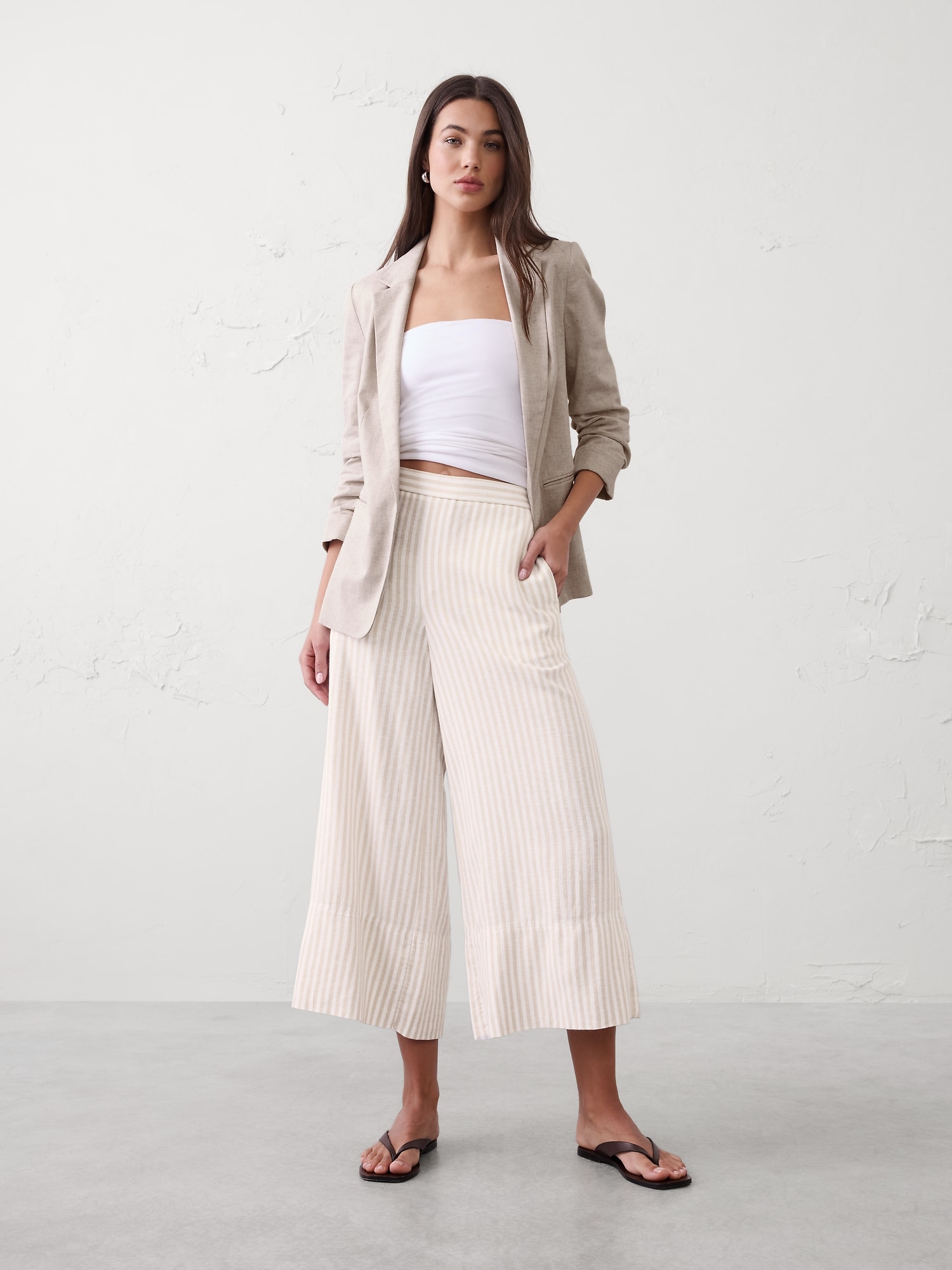 Wide-Leg High-Rise Linen-Blend Pull-On Cropped Pant