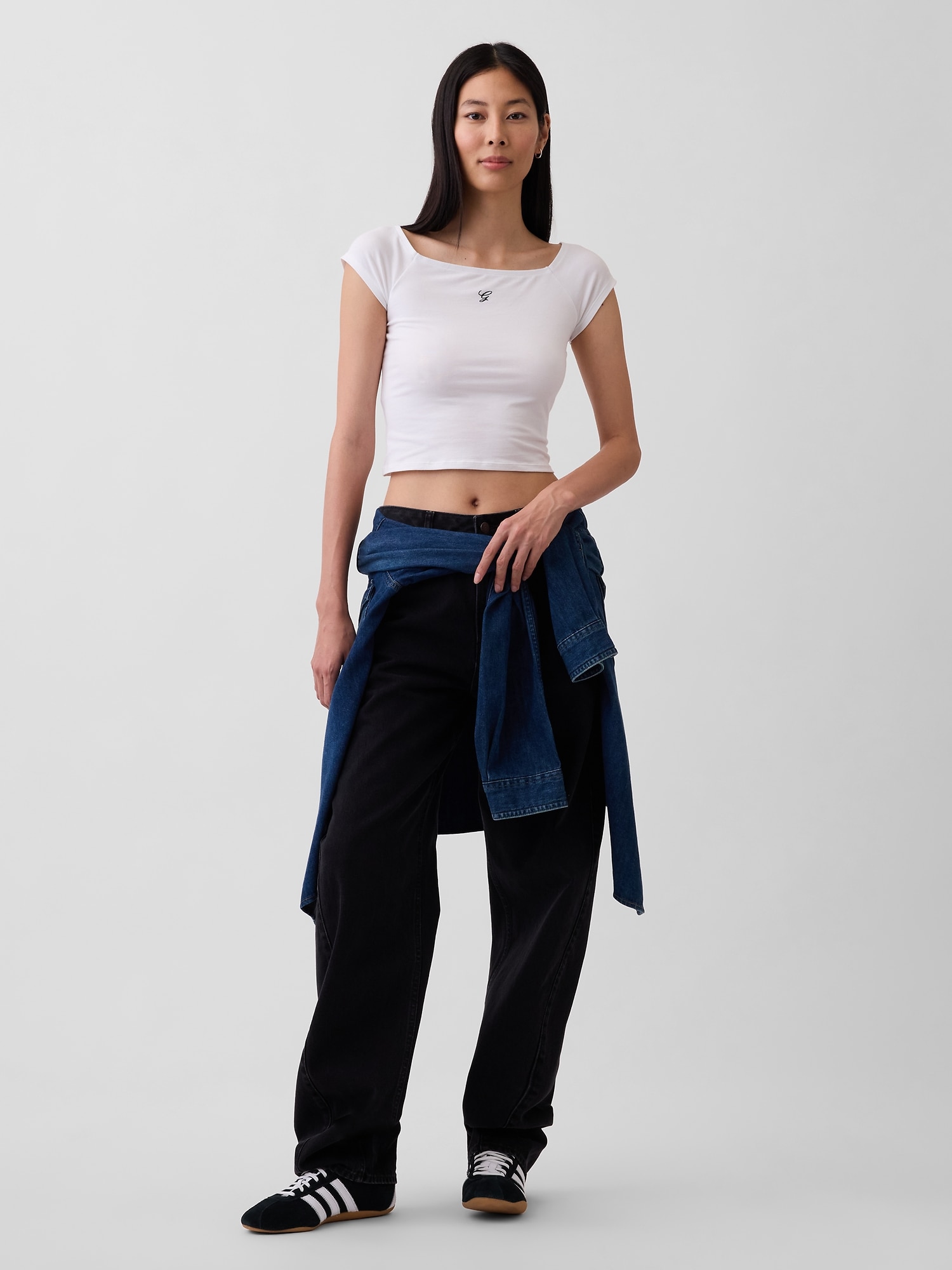 クロースニット ジャージー オフショルダー クロップドTシャツ-1