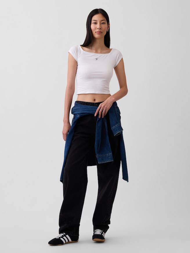 クロースニット ジャージー オフショルダー クロップドTシャツ-1