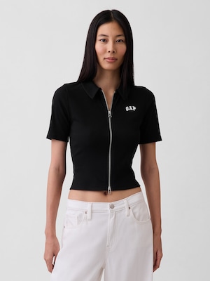 リブ クロップド GAPロゴ ジップアップ ポロシャツ