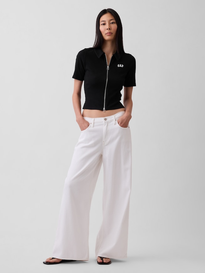 リブ クロップド GAPロゴ ジップアップ ポロシャツ-1