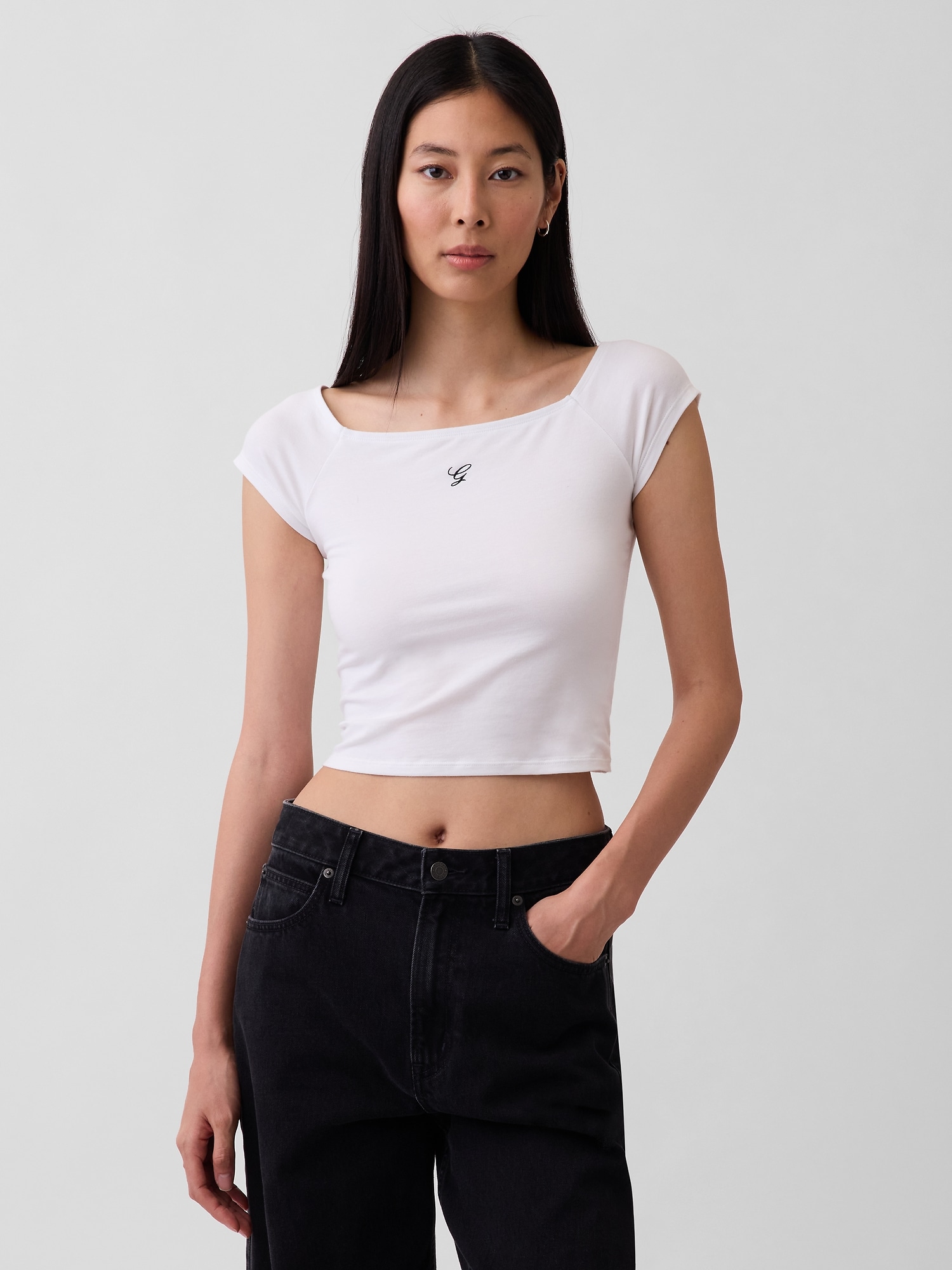 クロースニット ジャージー オフショルダー クロップドTシャツ-0