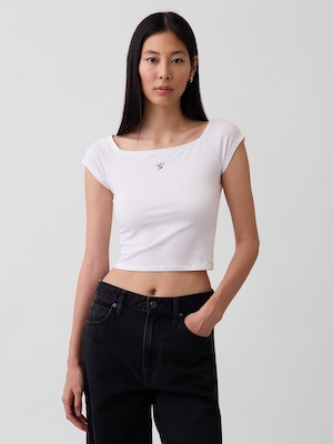 クロースニット ジャージー オフショルダー クロップドTシャツ