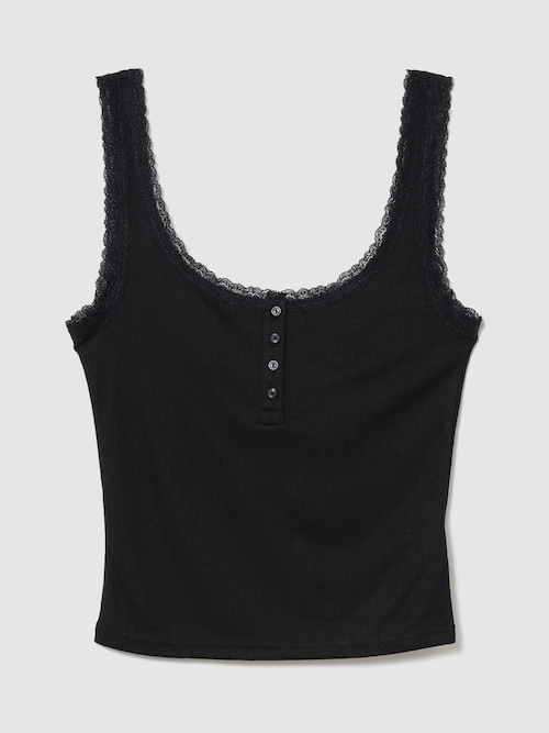 細リブ レース ヘンリーネック パジャマタンクトップ