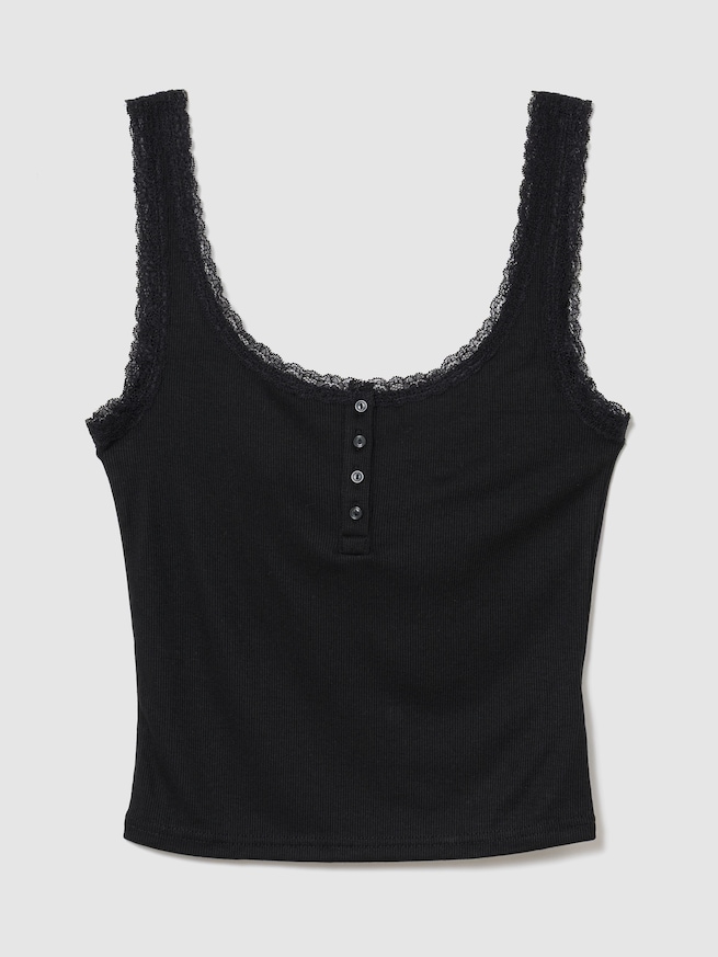 細リブ レース ヘンリーネック パジャマタンクトップ-0