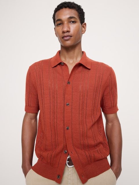 CARDIGAN À COL POLO EN POINTELLE DE LIN ET COTON