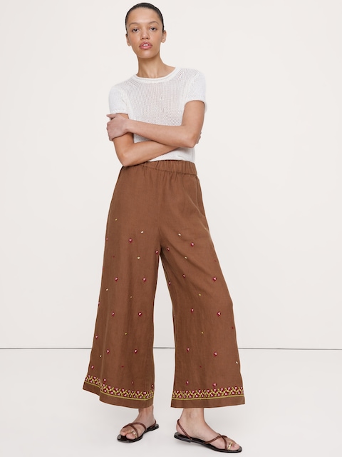 PANTALON LONGUEUR CHEVILLE À JAMBE LARGE TAILLE EXTENSIBLE EN LIN BRODÉ