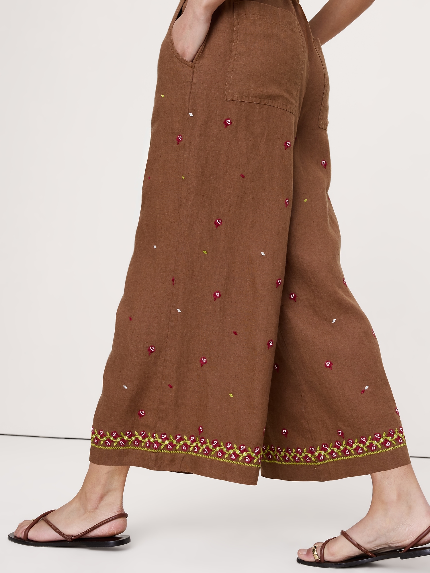 The Pull-On Wide-Leg Ankle Pant Embroidered Linen