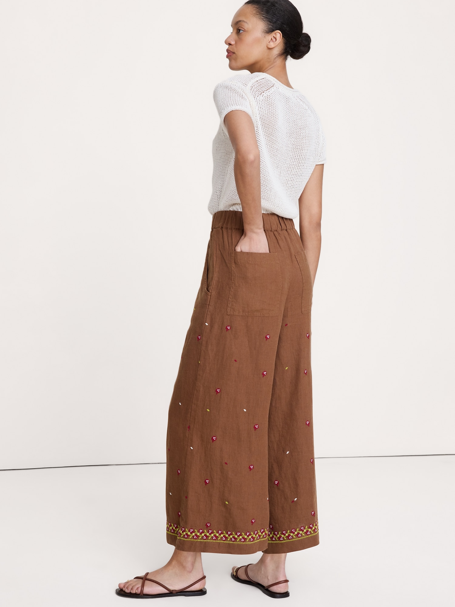 The Pull-On Wide-Leg Ankle Pant Embroidered Linen