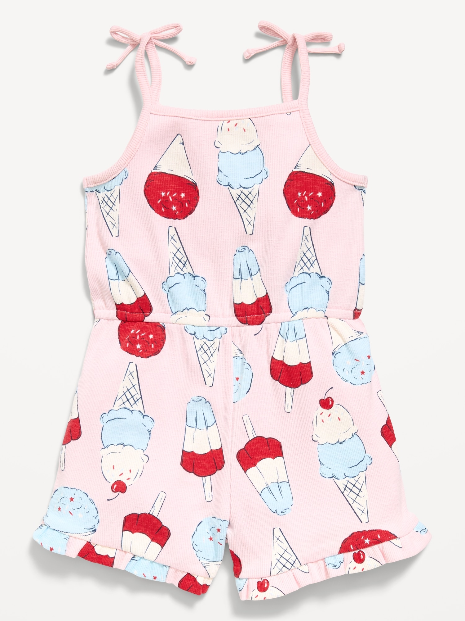 Printed Sleeveless Ribbed Tie-Bow Romper for Toddler Girls