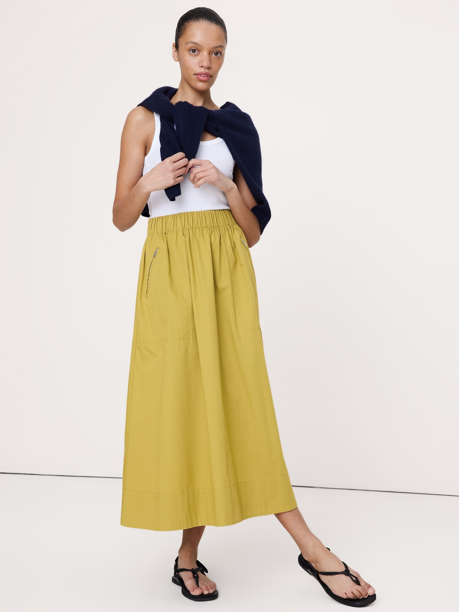 Stretch-Cotton Utility Midi Skirt