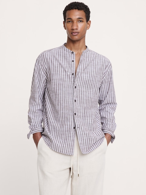 CHEMISE COUPE DÉCONTRACTÉE À COL À BANDE EN COTON FLAMMÉ