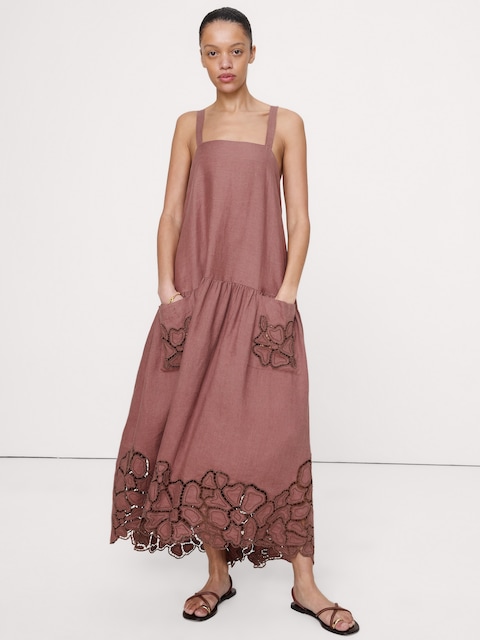 ROBE LONGUE EN LIN À BRODERIE ANGLAISE TAILLE BASSE