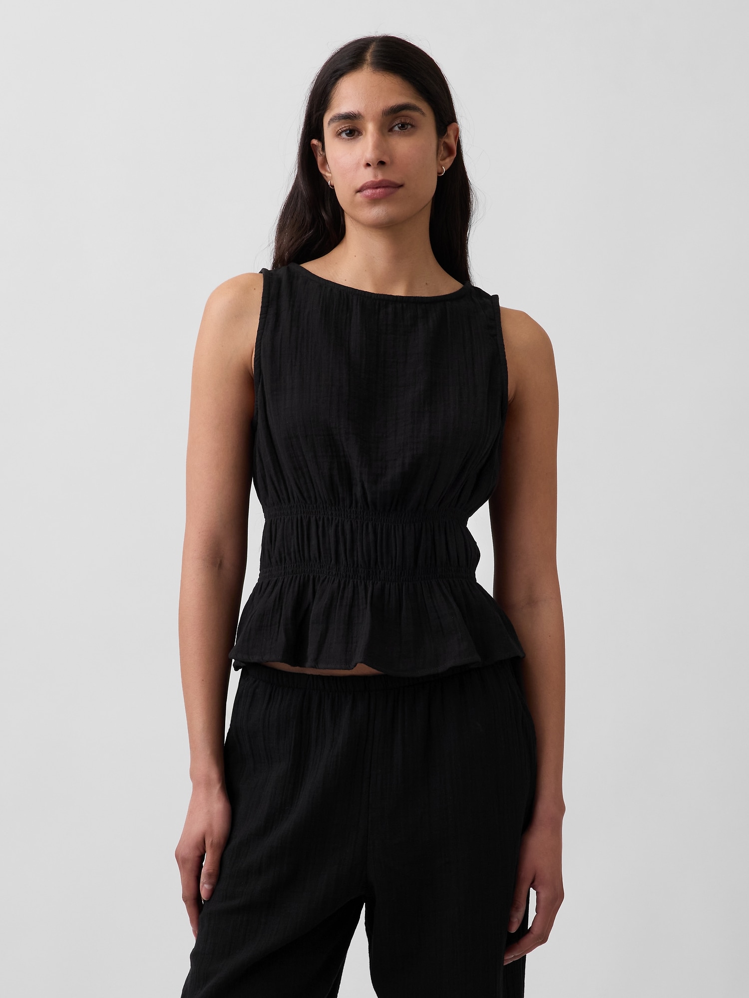 コットンガーゼ スモッキングギャザーウエスト ぺプラムトップス-0