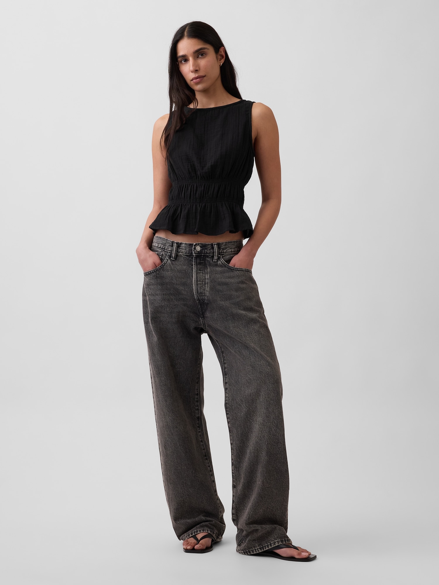 コットンガーゼ スモッキングギャザーウエスト ぺプラムトップス-1