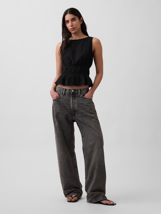 コットンガーゼ スモッキングギャザーウエスト ぺプラムトップス-1