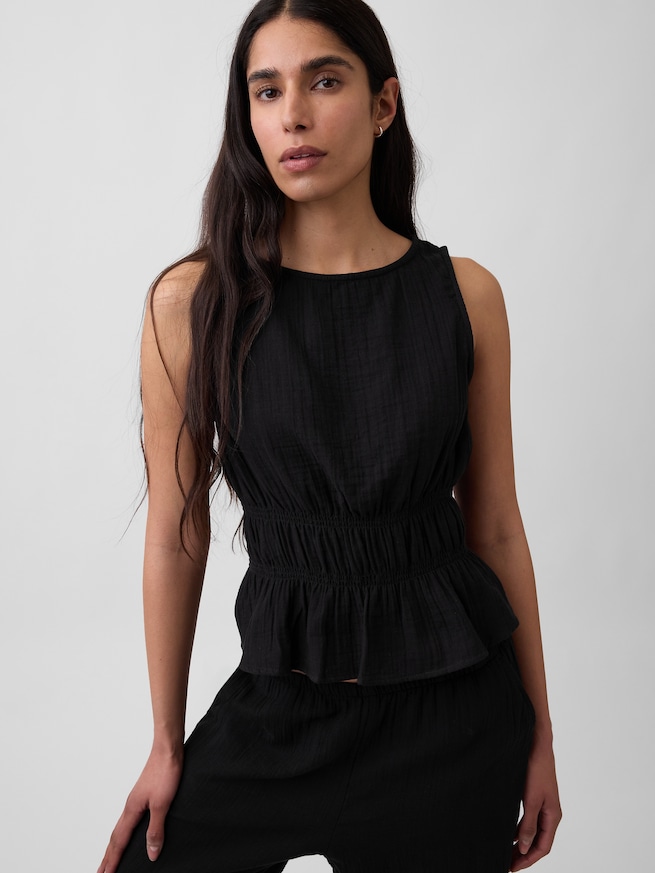 コットンガーゼ スモッキングギャザーウエスト ぺプラムトップス-3