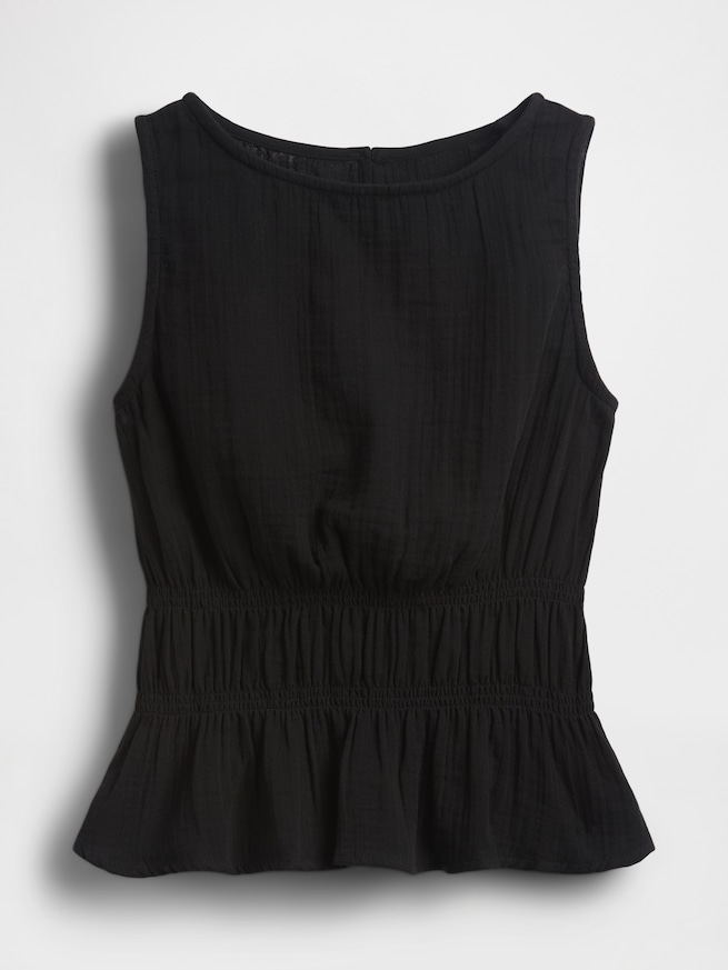 コットンガーゼ スモッキングギャザーウエスト ぺプラムトップス-4