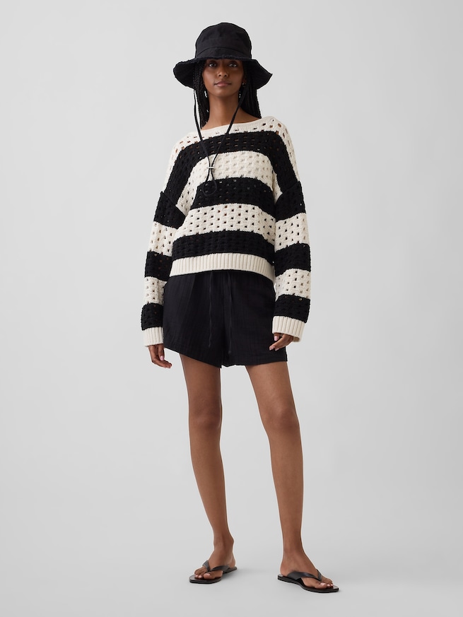 コットン100% クロシェ ボートネックセーター-1