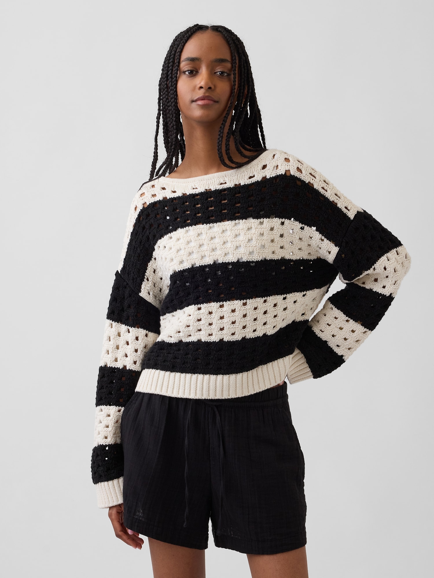 100% Cotton Crochet Boatneck Sweater