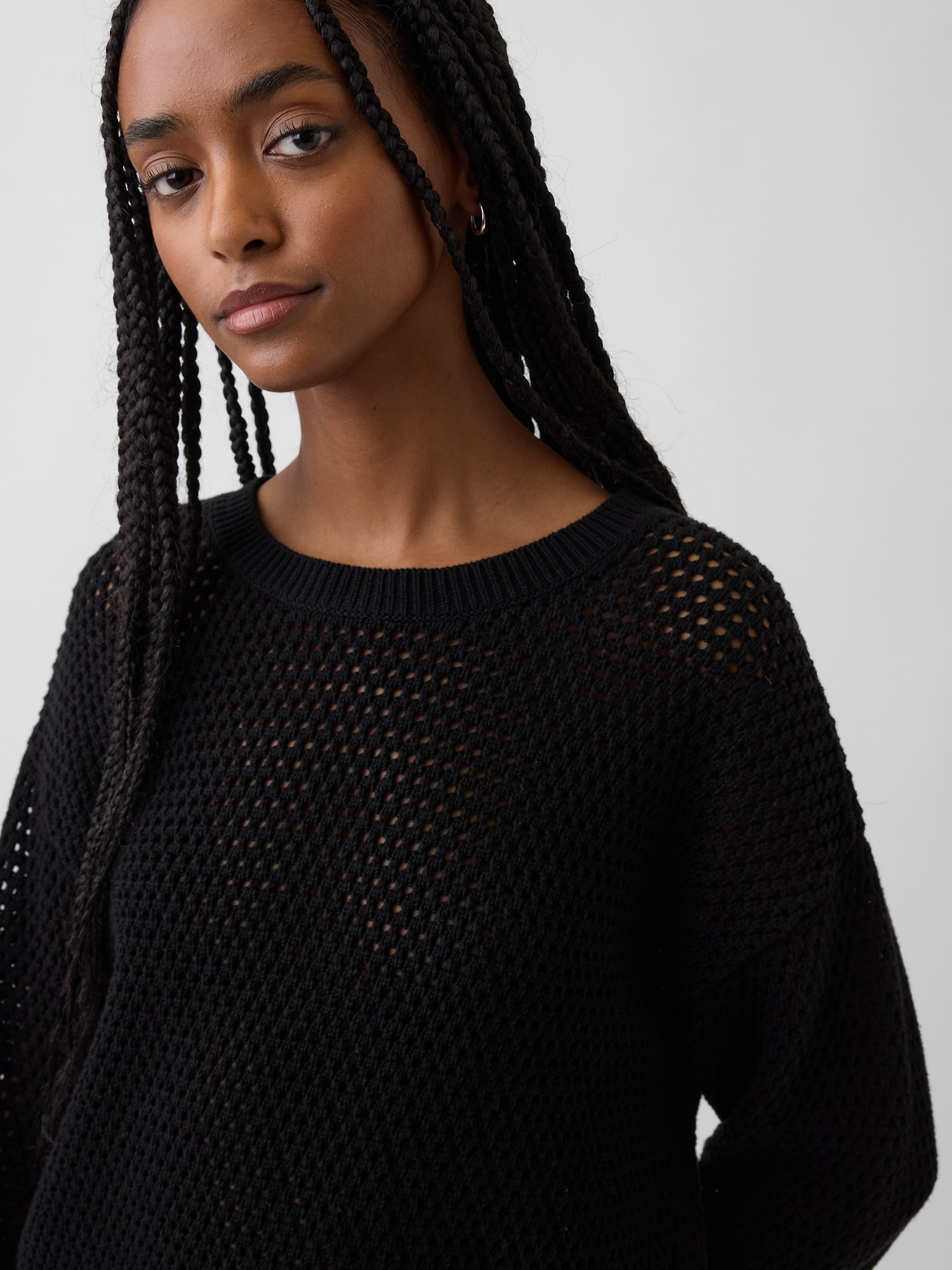 コットン100% クロシェ リラックスフィットセーター-3