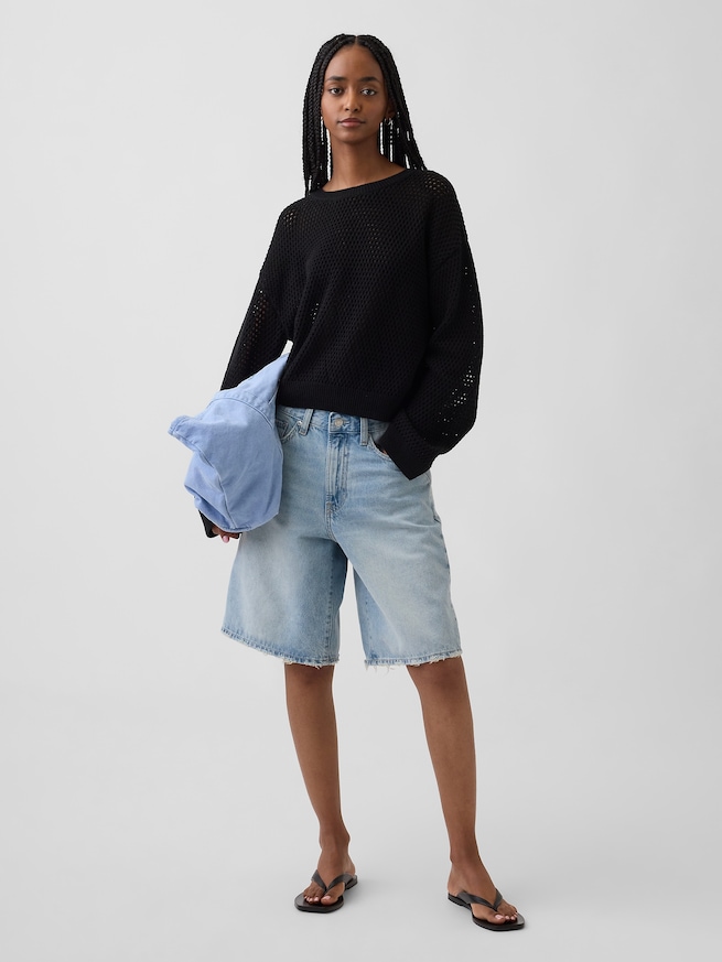 コットン100% クロシェ リラックスフィットセーター-1