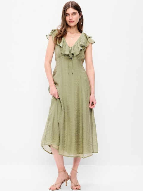 Ruffle-Sleeve Fit & Flare Midi Dress