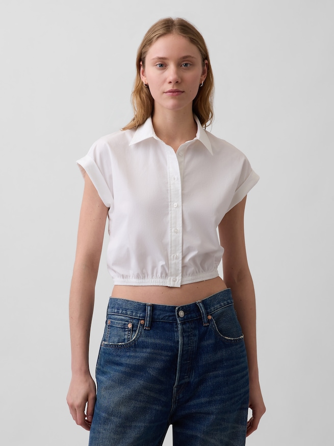 ポプリン キャップスリーブ クロップドシャツ-0