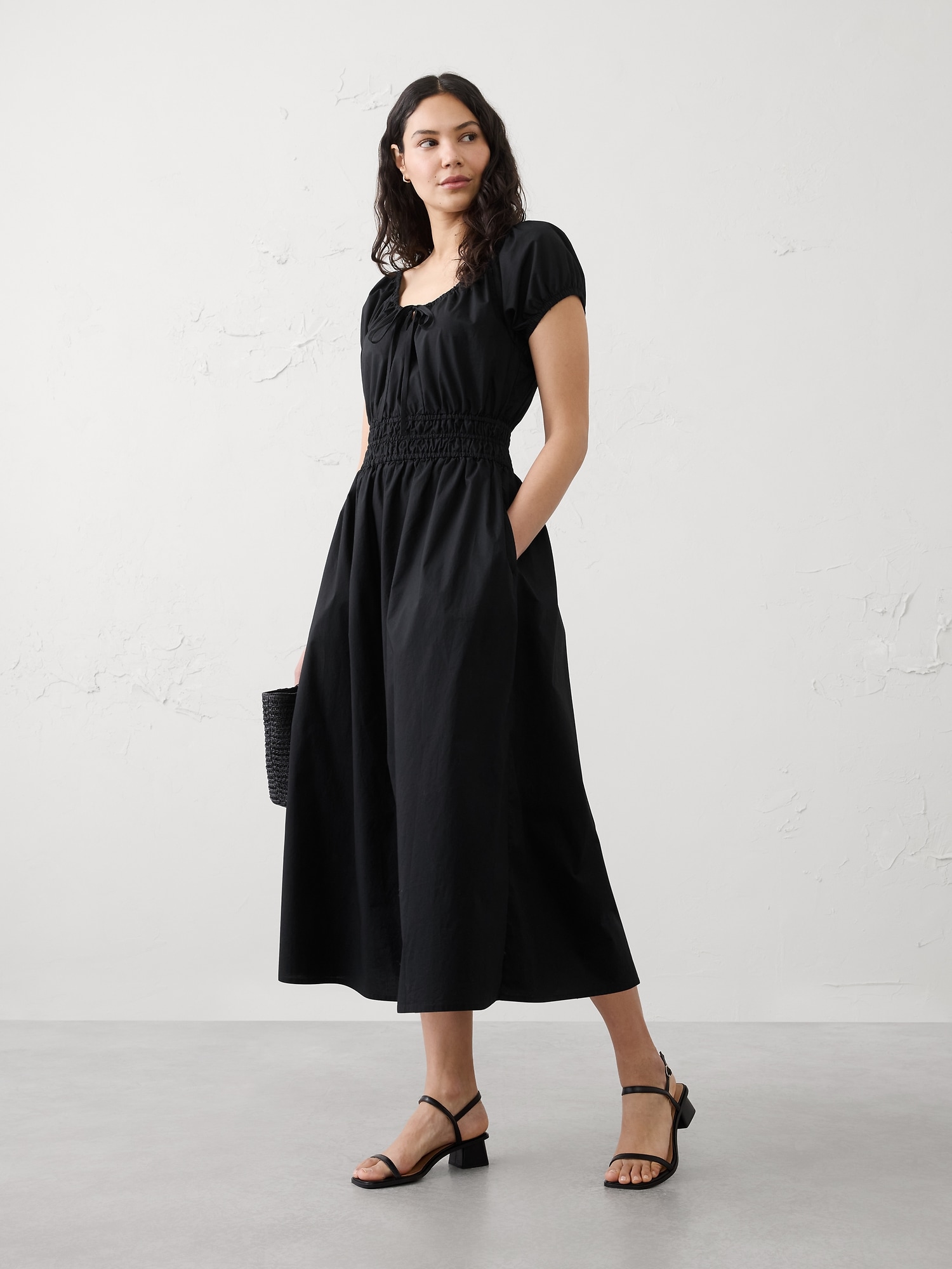 Poplin Gathered-Neck Midi Dress