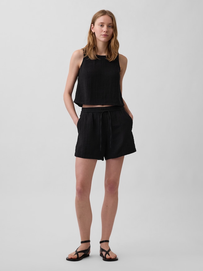 4インチ ミッドライズ コットンガーゼ イージーウエスト ショートパンツ-0