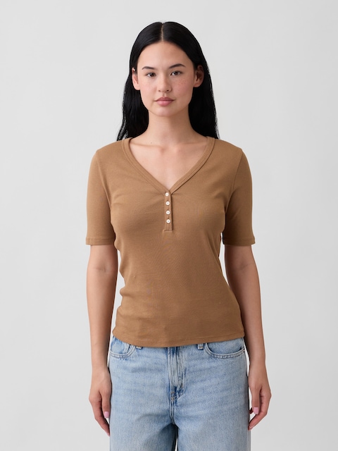 Modern Ribbed V-Neck Henley Top