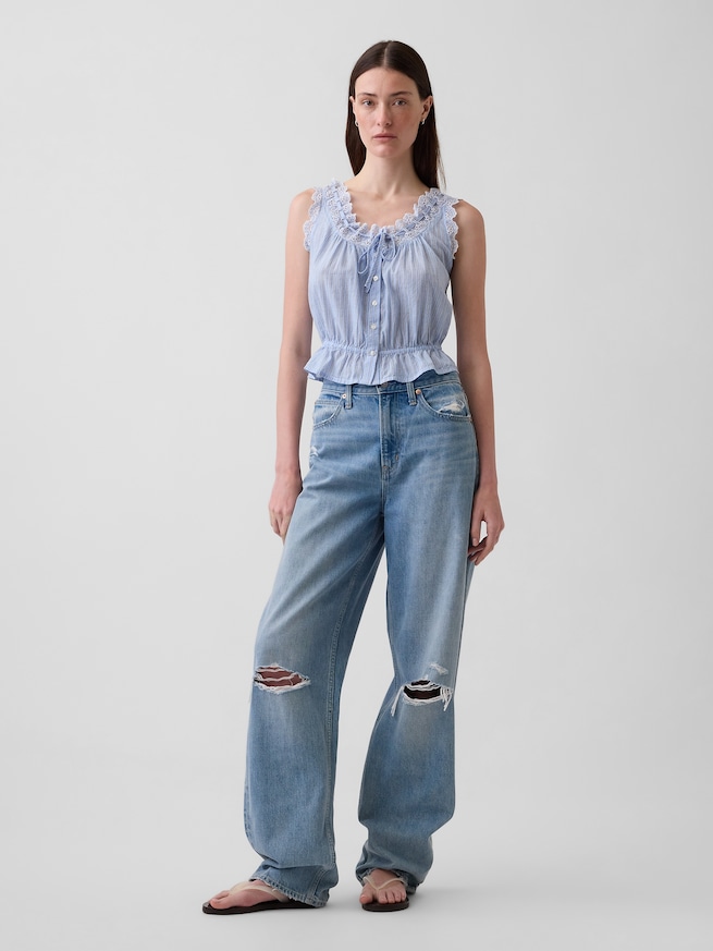 アイレット フロントタイ クロップド ペプラム トップス-1