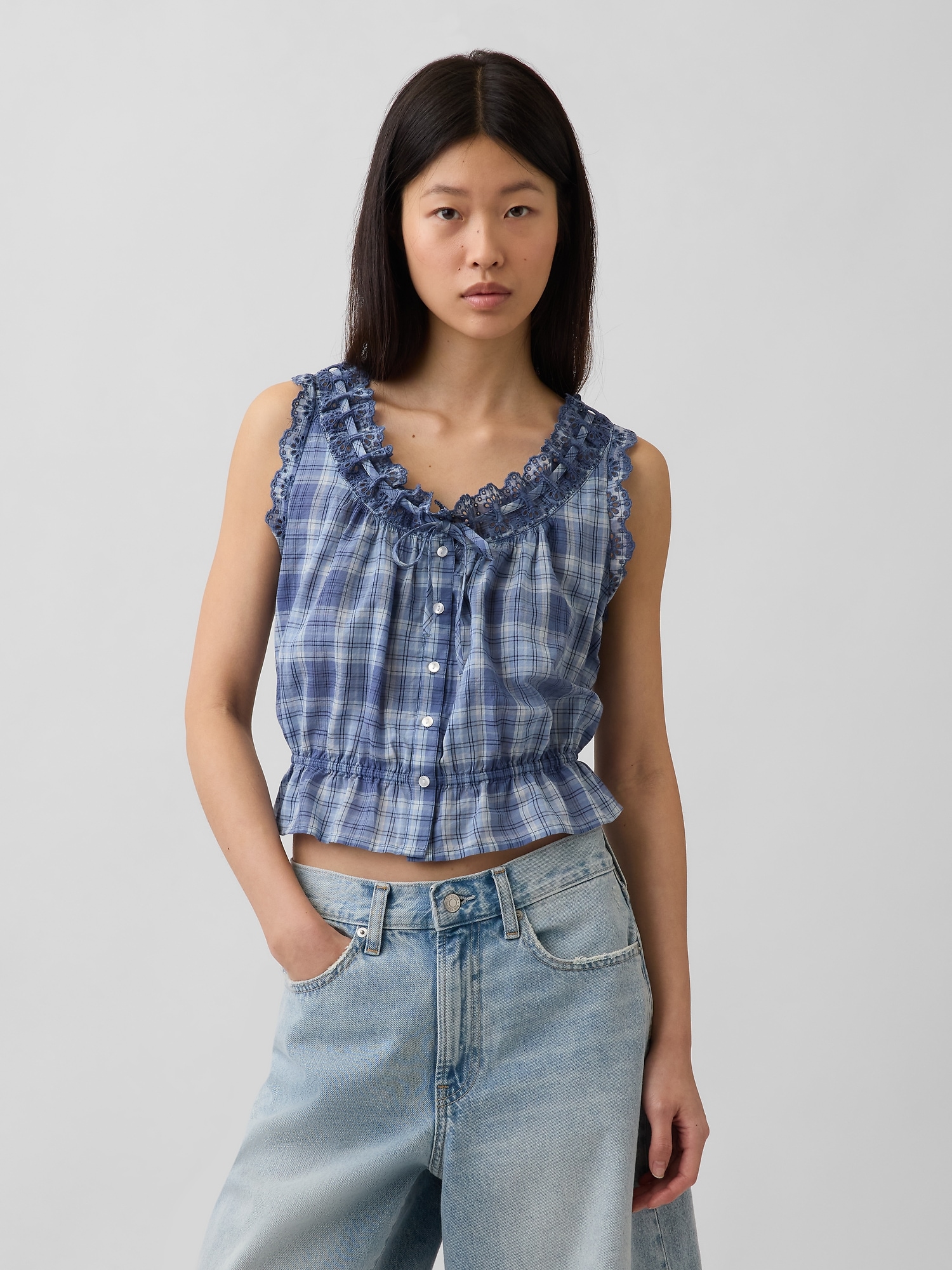 Eyelet Tie-Front Crop Peplum Top