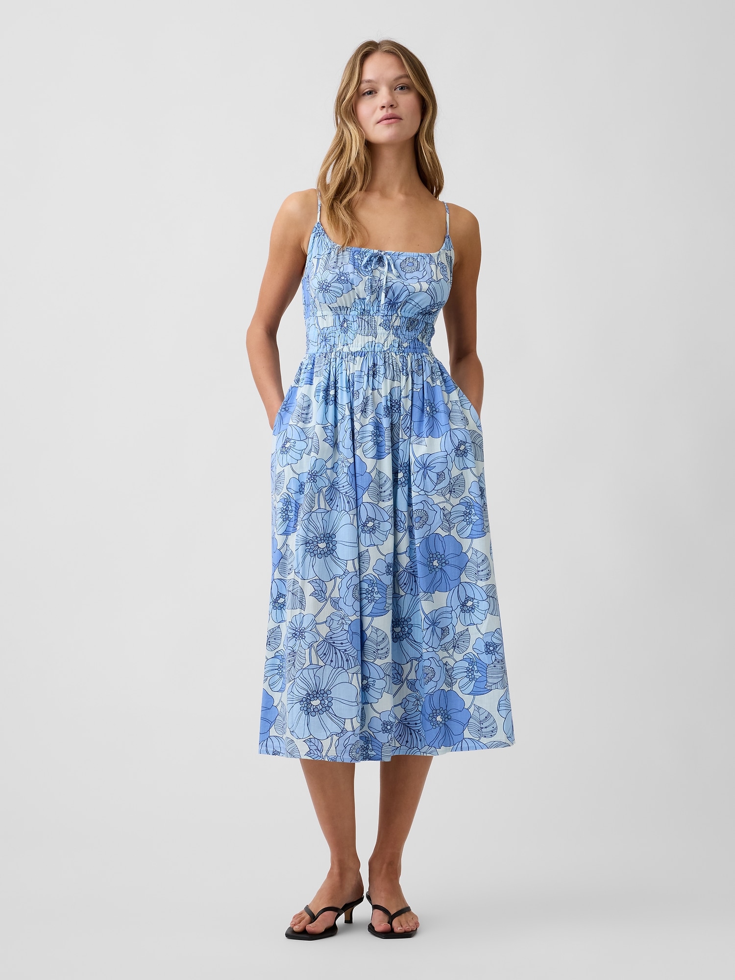 Smocked Tie-Front Midi Dress