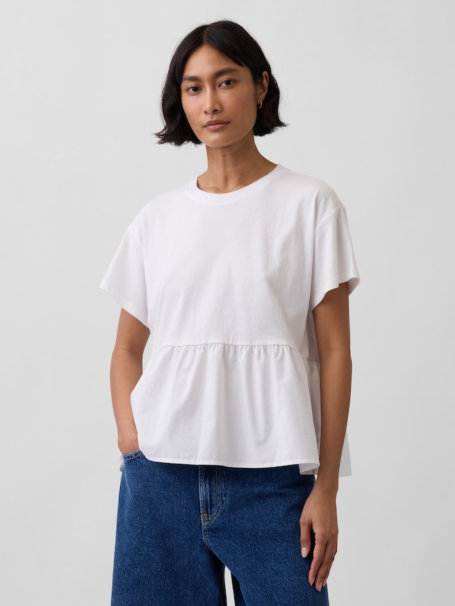オーガニックコットン オーバーサイズ ミックスメディア ティアードTシャツ-0