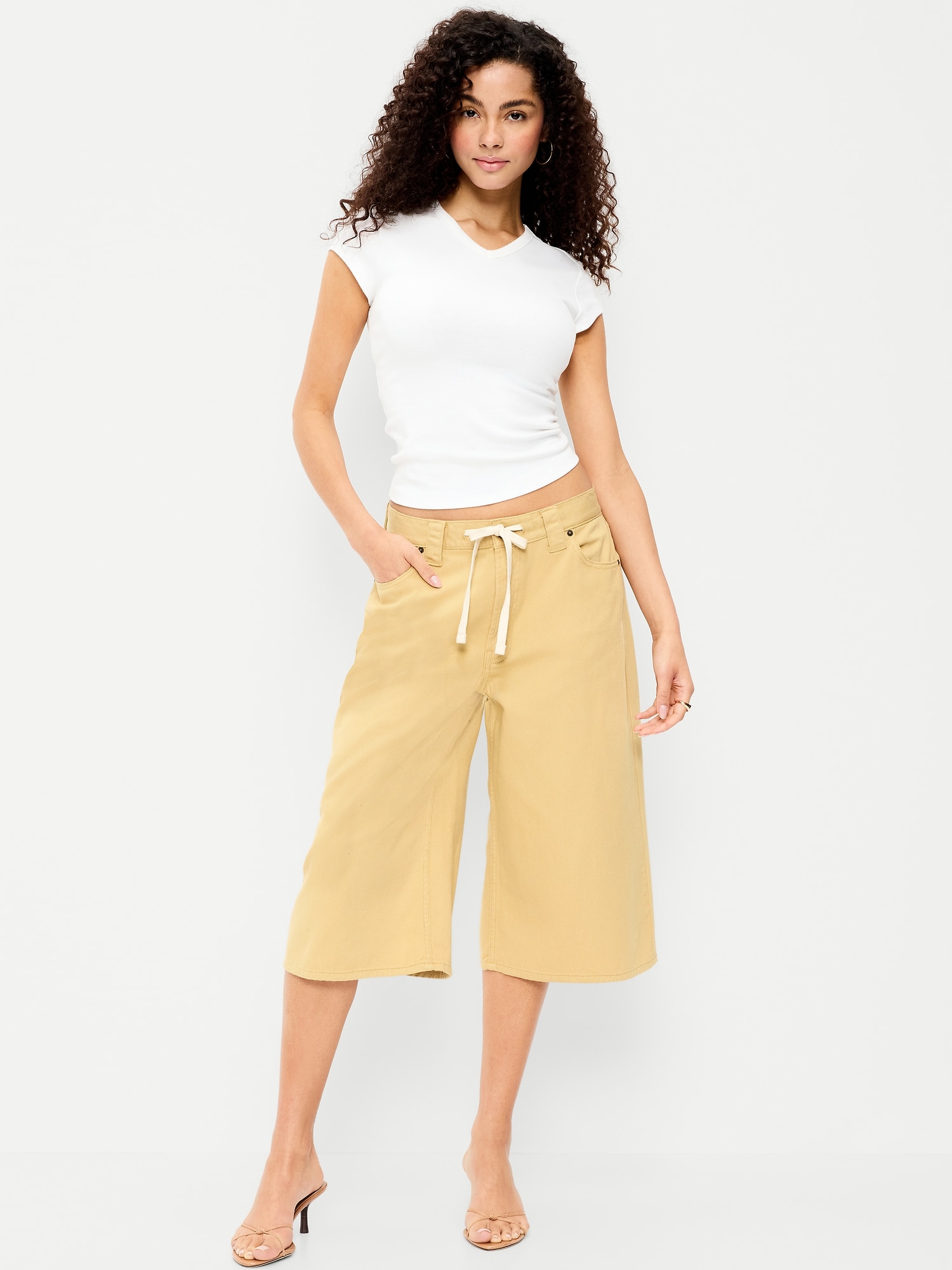 Mid-Rise Baggy Drawstring Wide-Leg Culotte Pants