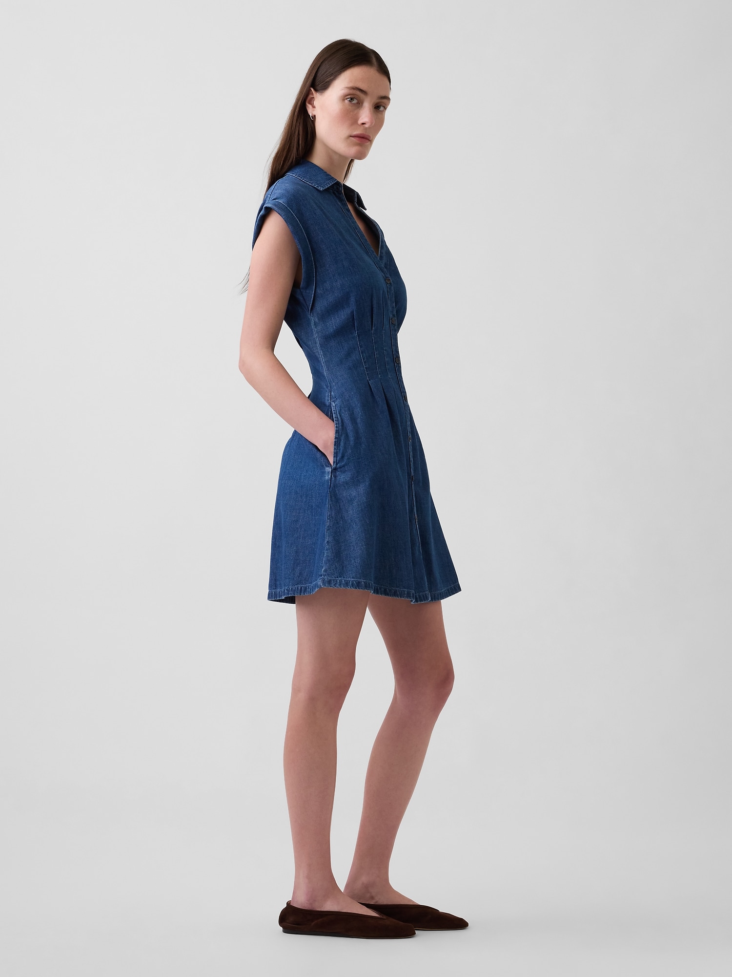 Denim Pleated Mini Shirtdress