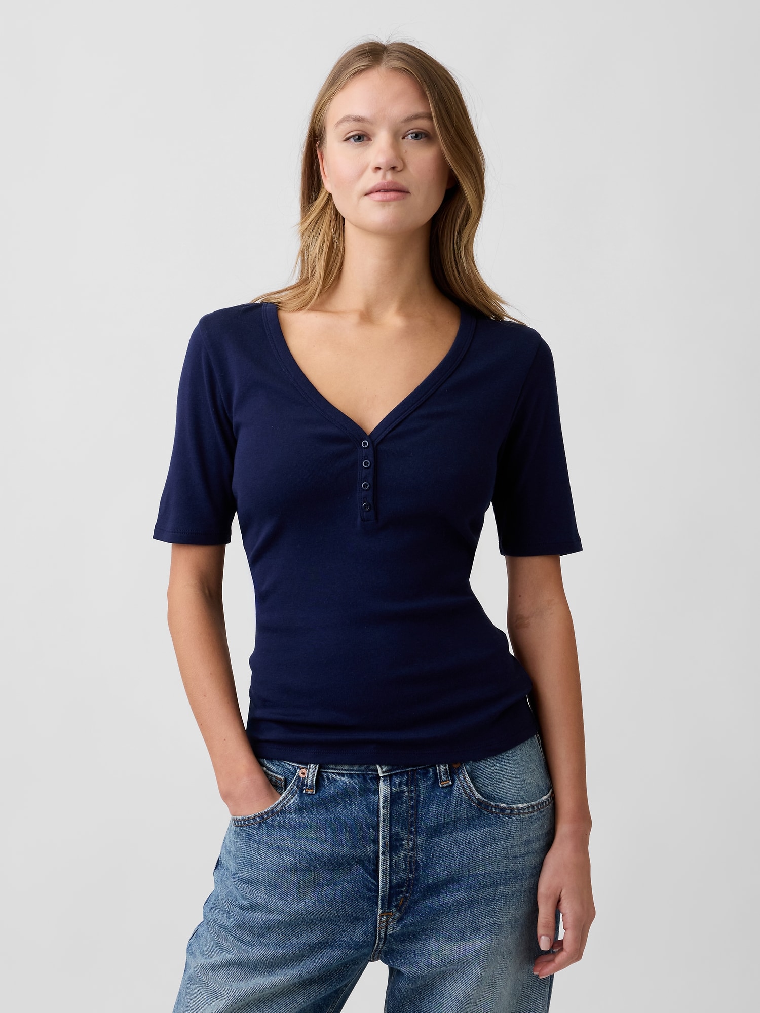 Modern Ribbed V-Neck Henley Top