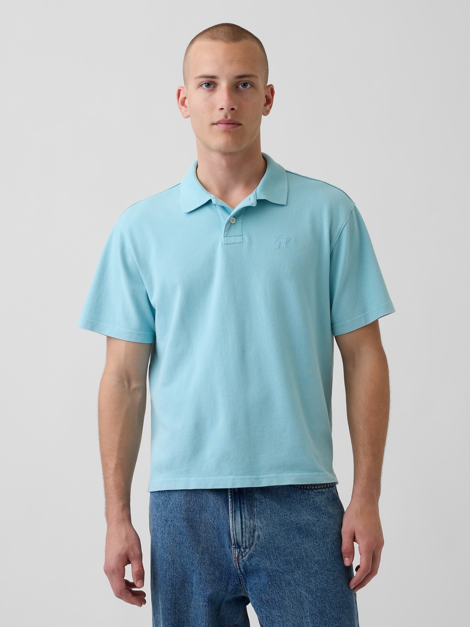 リラックスフィット ピケ クロップド ポロシャツ-0