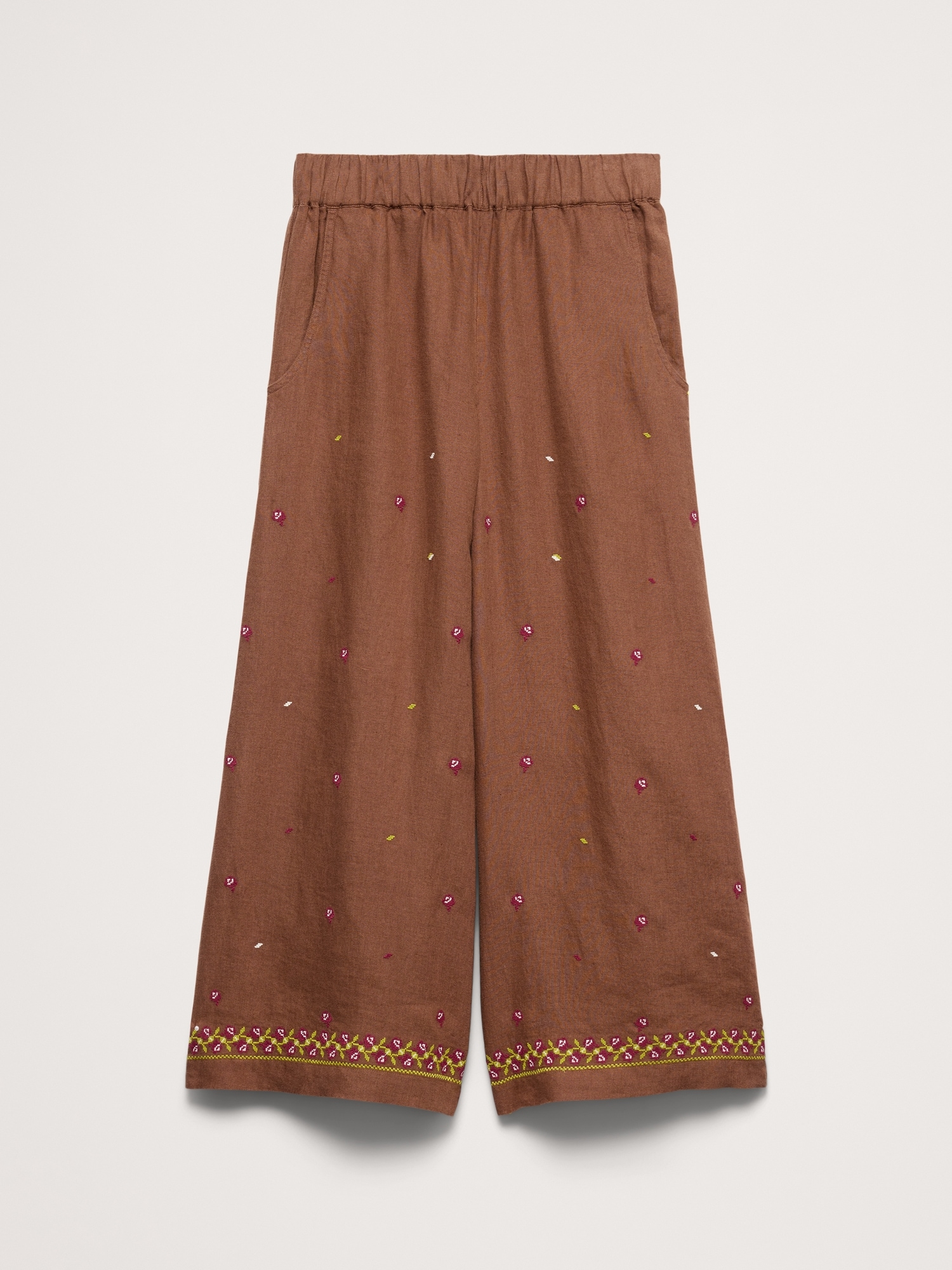 The Pull-On Wide-Leg Ankle Pant Embroidered Linen