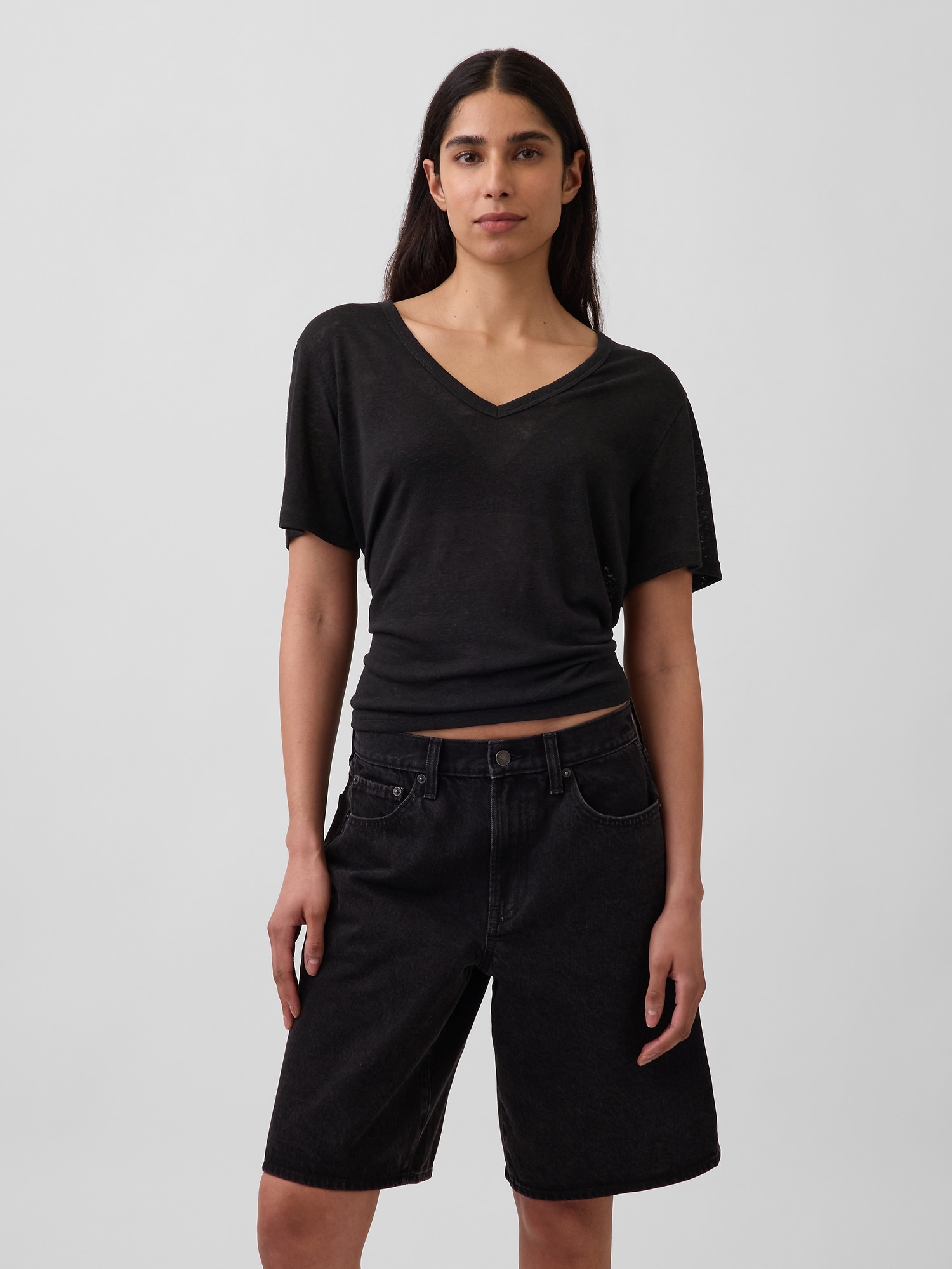 Linen-Blend Relaxed V-Neck T-Shirt