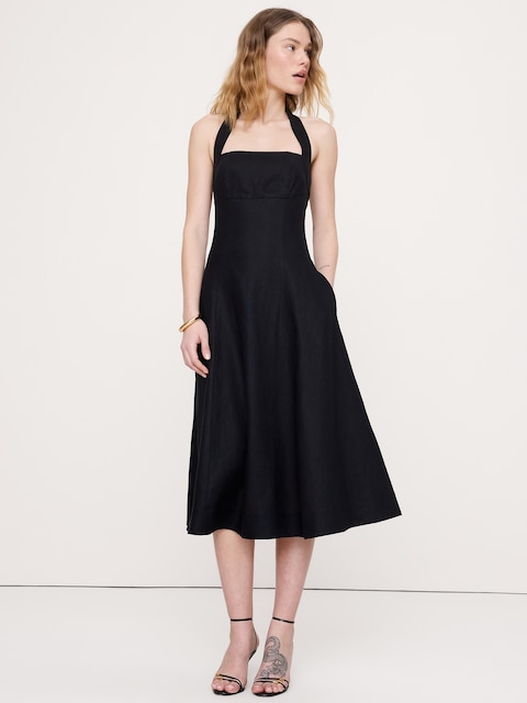 ROBE MI-LONGUE À ENCOLURE BAIN DE SOLEIL EN LIN