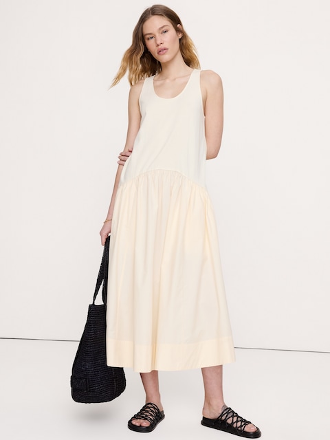 ROBE MI-LONGUE EN POPELINE DE COTON ET JERSEY