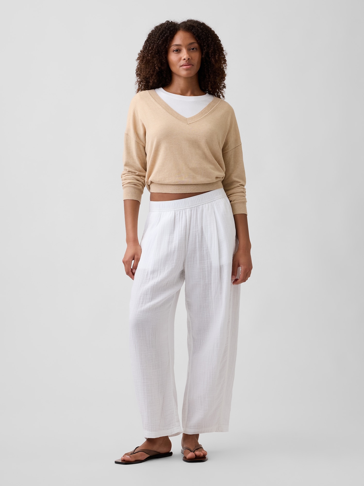 Mid Rise Pull-On Barrel Gauze Pants