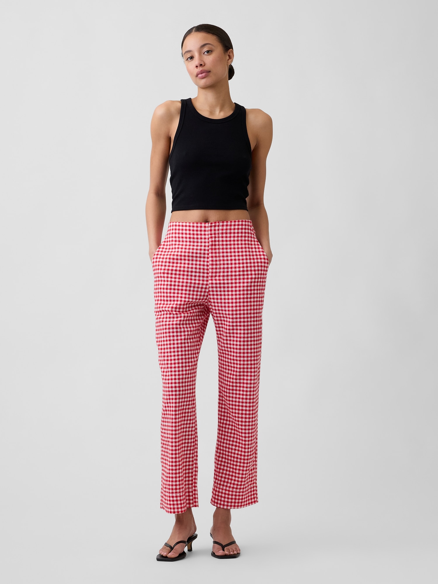 High Rise Linen-Blend Straight Crop Pants