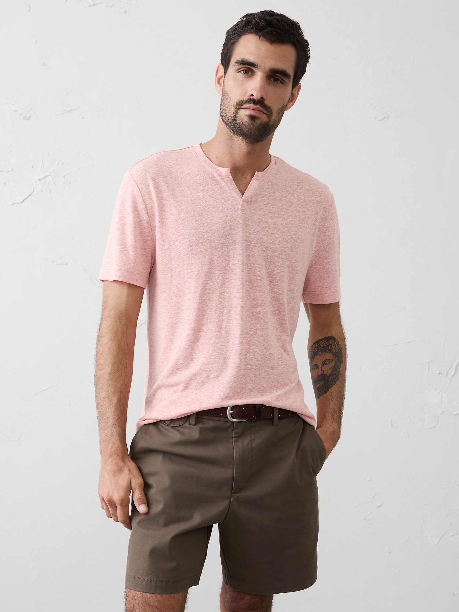Standard-Fit Linen-Blend Notch T-Shirt