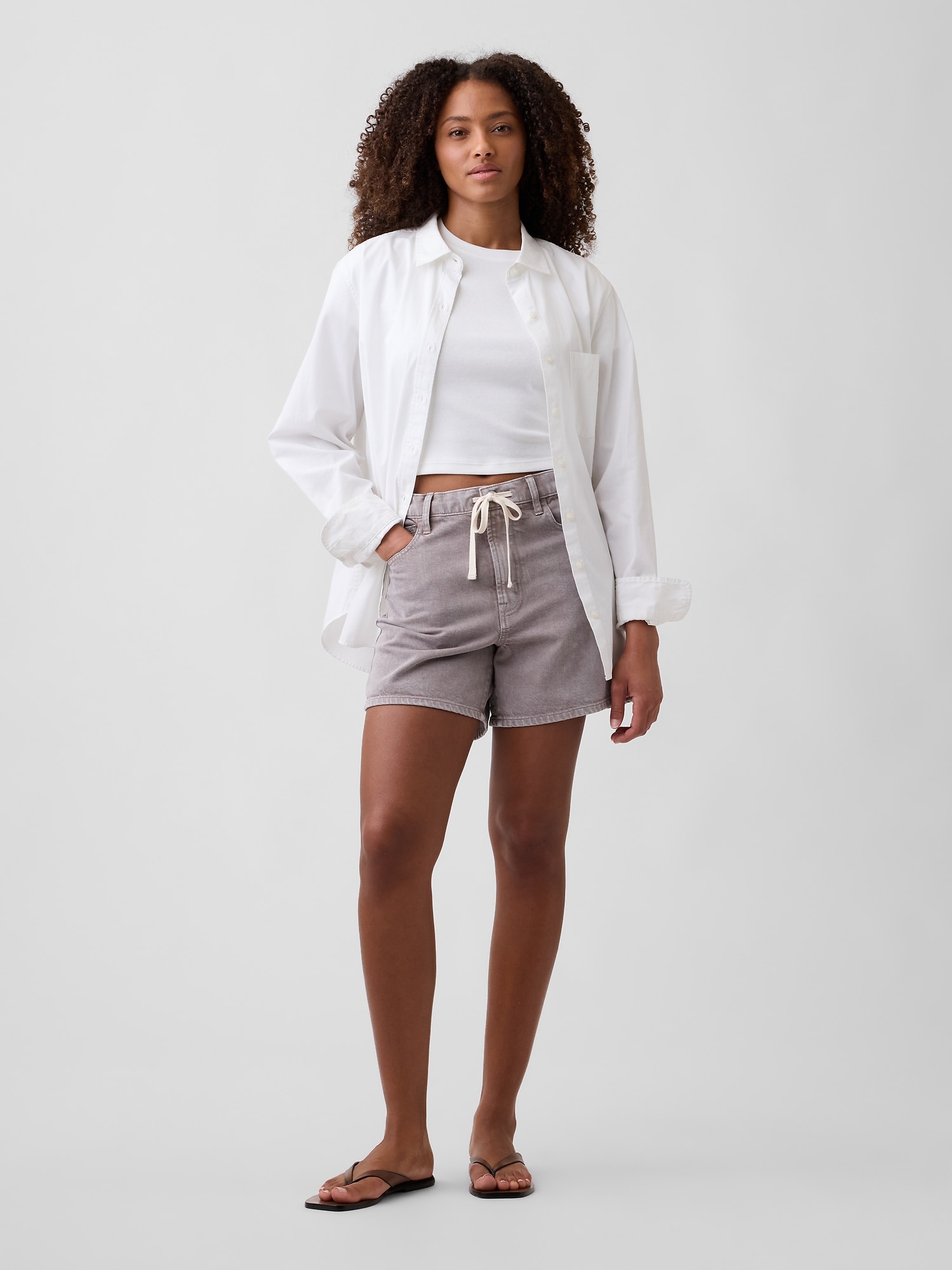 Mid Rise Drawstring Denim Midi Shorts