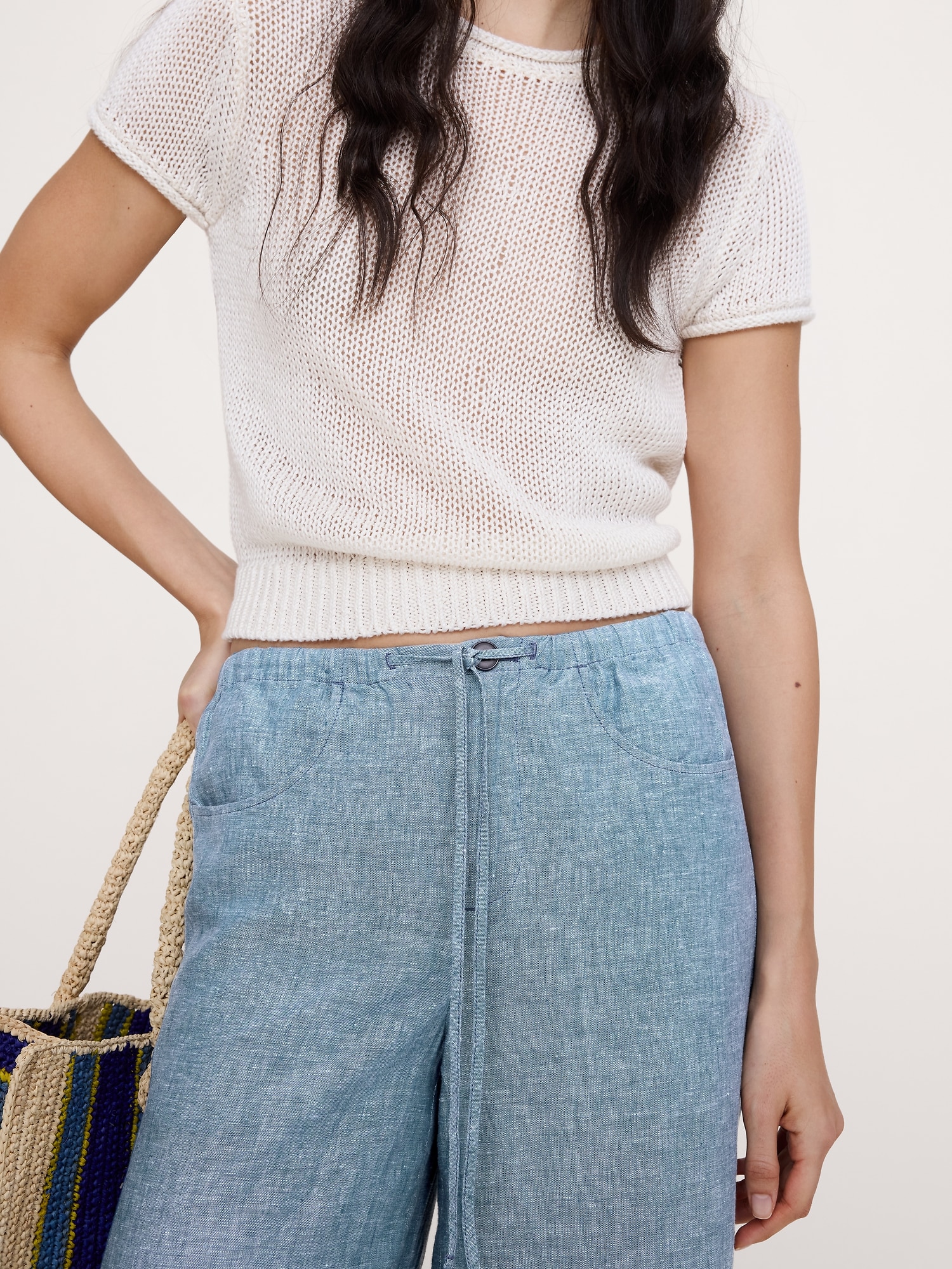 スタジオ ワイドレッグ ドローストリング リネン パンツ-3